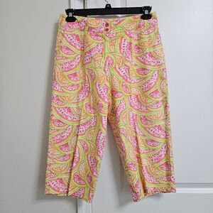 Talbots Watermelon Capri High-Rise Pants Women's 10 (30x18.5) White Pink Green